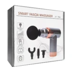 Caja del masajeador de fascia inalámbrico modelo JY-760, con cabezal negro, accesorios incluidos y detalles en cobre.