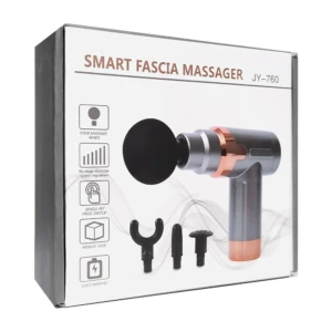 Caja del masajeador de fascia inalámbrico modelo JY-760, con cabezal negro, accesorios incluidos y detalles en cobre.