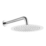 Regadera redonda de acero inoxidable con brazo curvo, acabado cromado y múltiples orificios para ducha amplia.