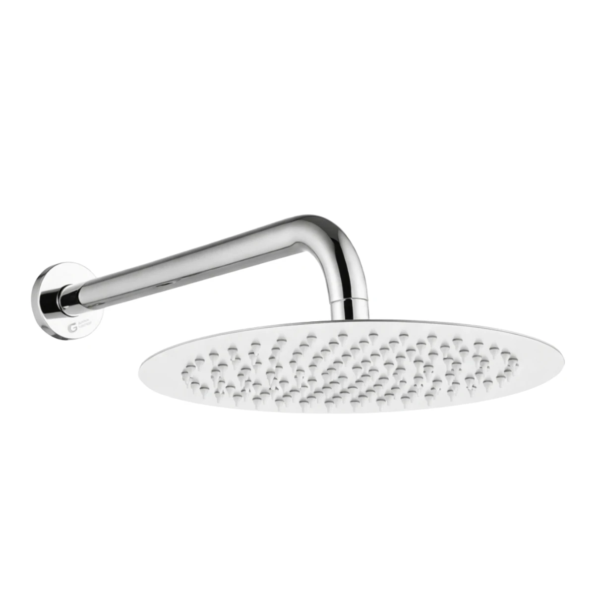 Regadera redonda de acero inoxidable con brazo curvo, acabado cromado y múltiples orificios para ducha amplia.