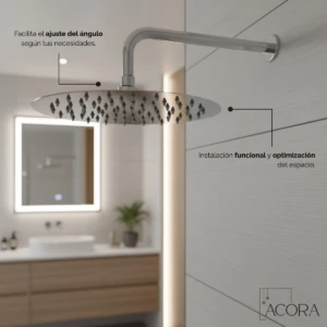 Regadera redonda de acero inoxidable Acora, 20x20 cm, con cabezal ajustable y montaje en pared, ideal para ducha amplia y funcional.