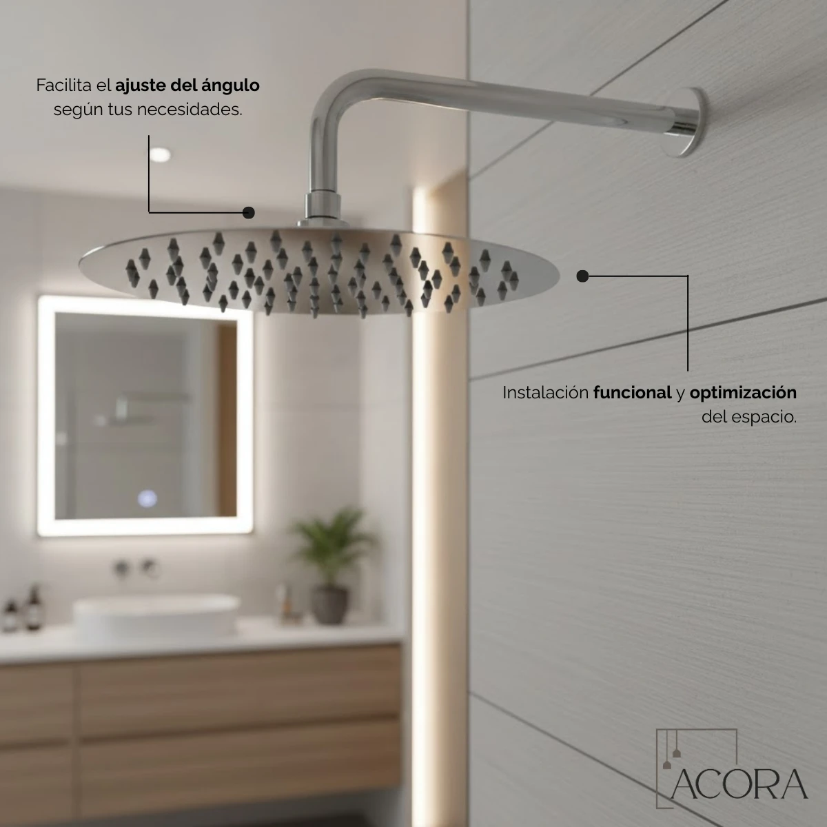 Regadera redonda de acero inoxidable Acora, 20x20 cm, con cabezal ajustable y montaje en pared, ideal para ducha amplia y funcional.