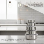 Set de cinco bowls de acero inoxidable apilados sobre encimera blanca en cocina moderna con iluminación natural.