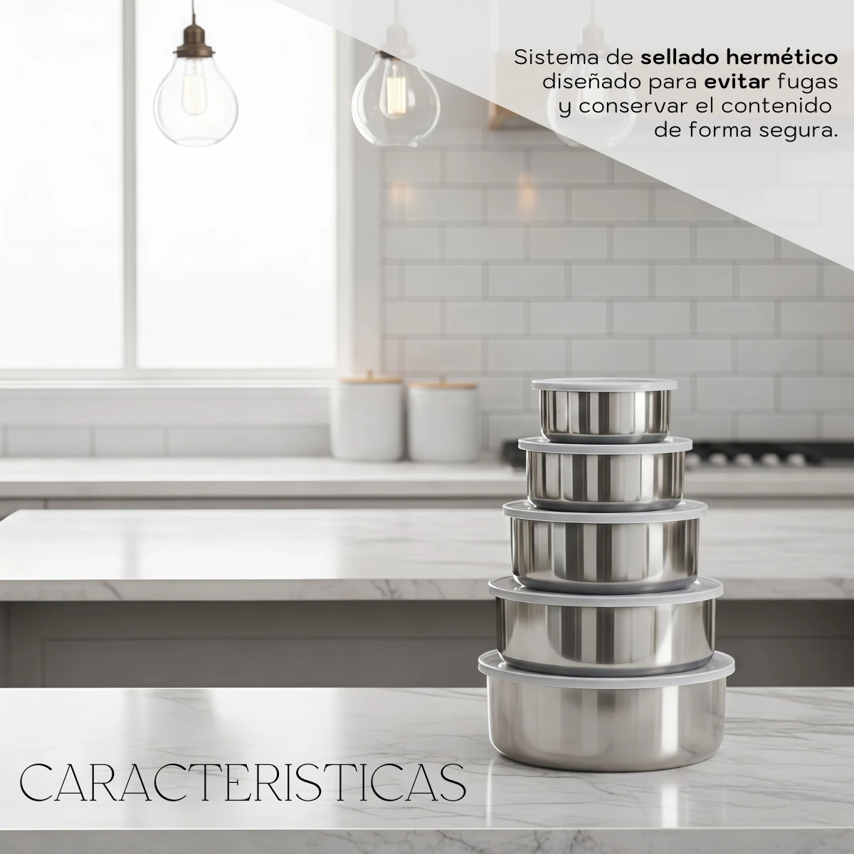 Set de cinco bowls de acero inoxidable apilados sobre encimera blanca en cocina moderna con iluminación natural.