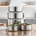 Set de cinco recipientes de acero inoxidable apilables con tapas blancas, mostrando tres tamaños en pila y dos abiertos con ensalada, sobre encimera de madera en cocina moderna.