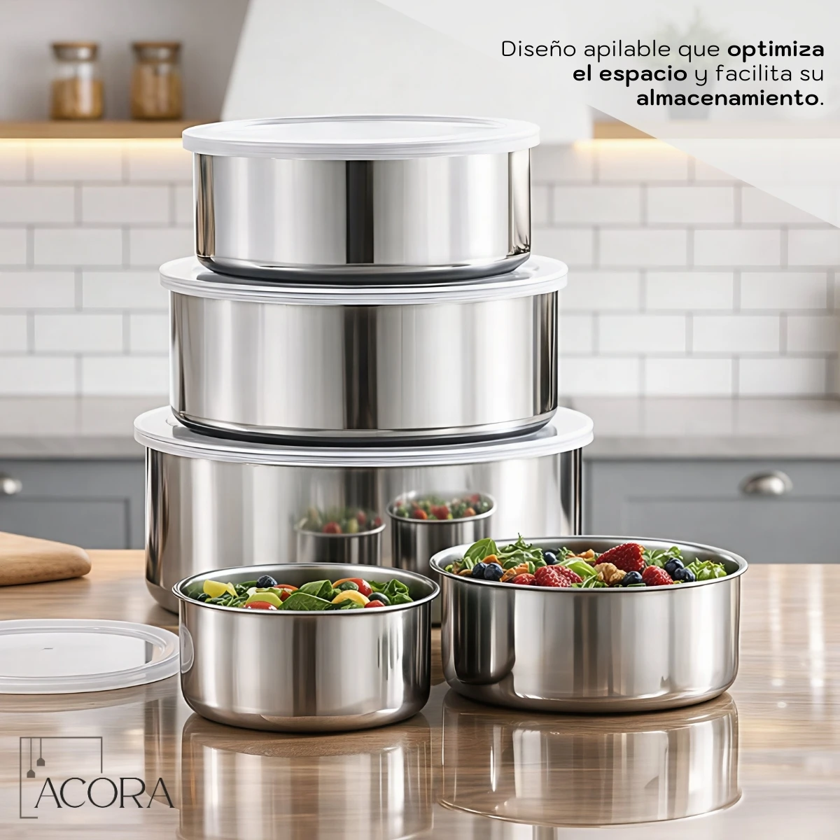Set de cinco recipientes de acero inoxidable apilables con tapas blancas, mostrando tres tamaños en pila y dos abiertos con ensalada, sobre encimera de madera en cocina moderna.