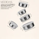 Set de cinco bowls de acero inoxidable Acora en diferentes tamaños, con medidas visibles desde 10 cm hasta 18 cm de diámetro, ideales para almacenamiento y preparación de alimentos.