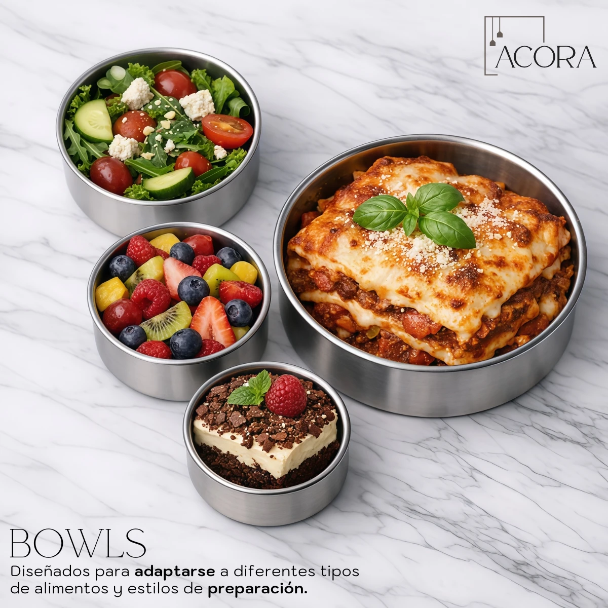 Cuatro recipientes de acero inoxidable con alimentos: ensalada, fruta, lasaña y postre, sobre superficie blanca.