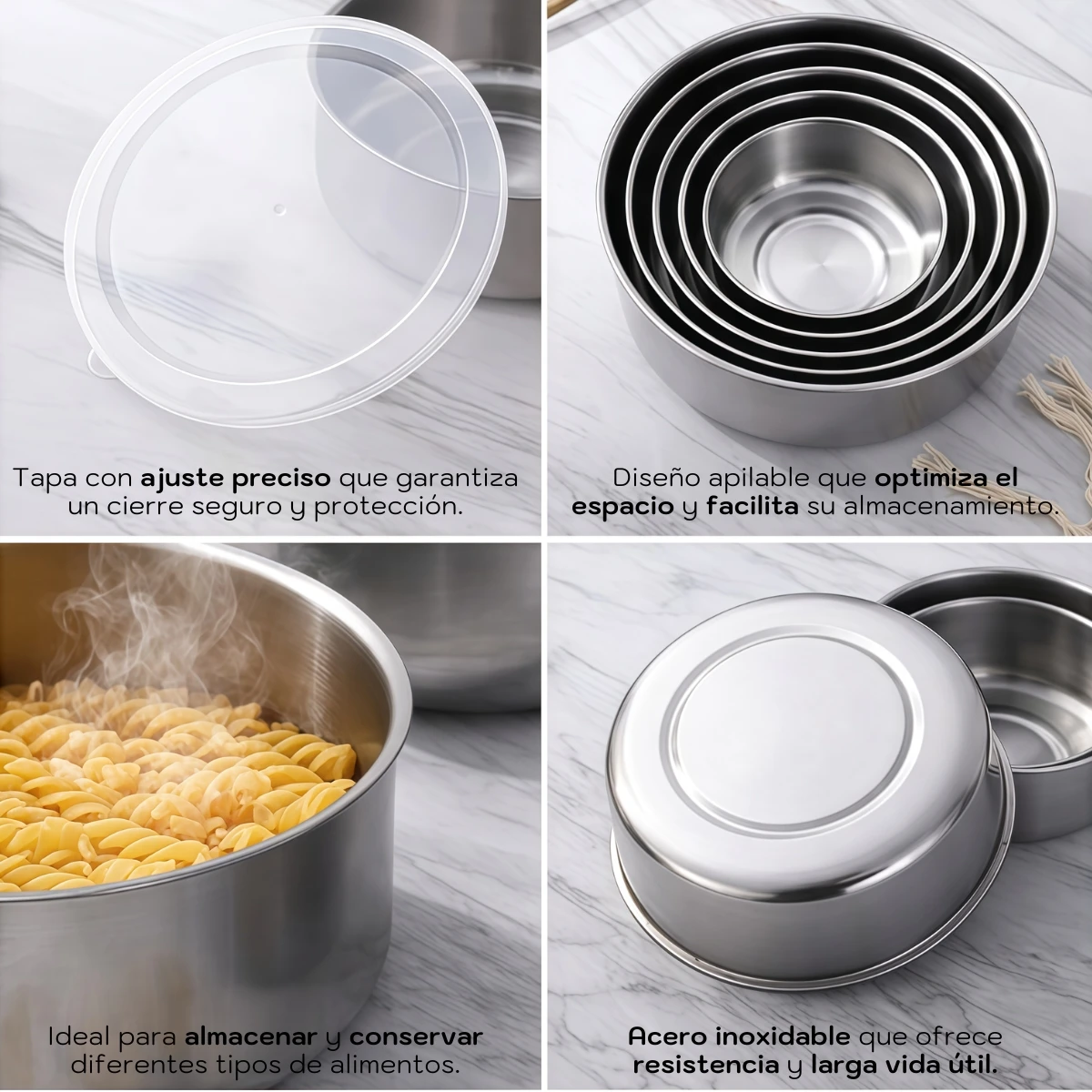 Set de cinco recipientes de acero inoxidable apilables con tapa hermética, ideales para almacenar alimentos frescos.