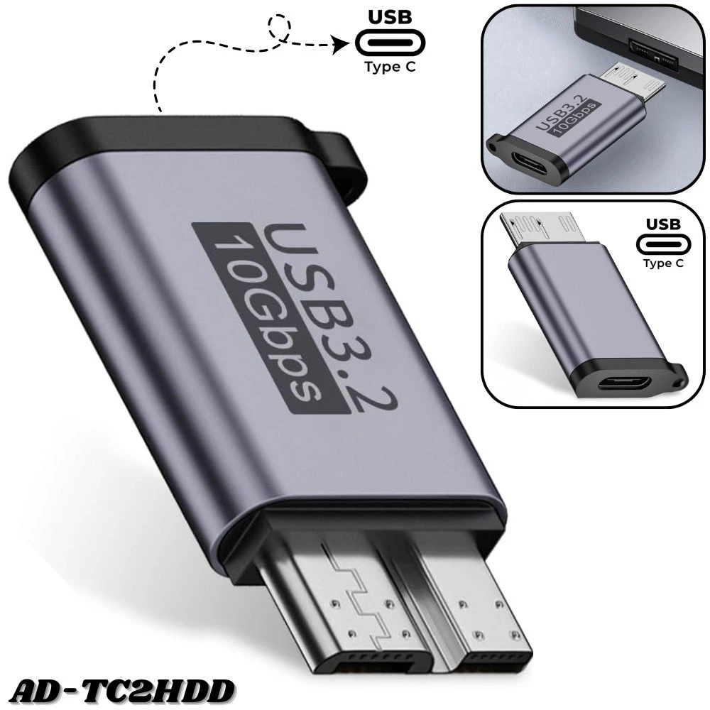 Adaptador USB 3.2 a Micro B, color gris metálico, con puerto USB-C en un extremo y dos conectores Micro B en el otro. Ideal para conectar discos duros externos antiguos a laptops modernas.
