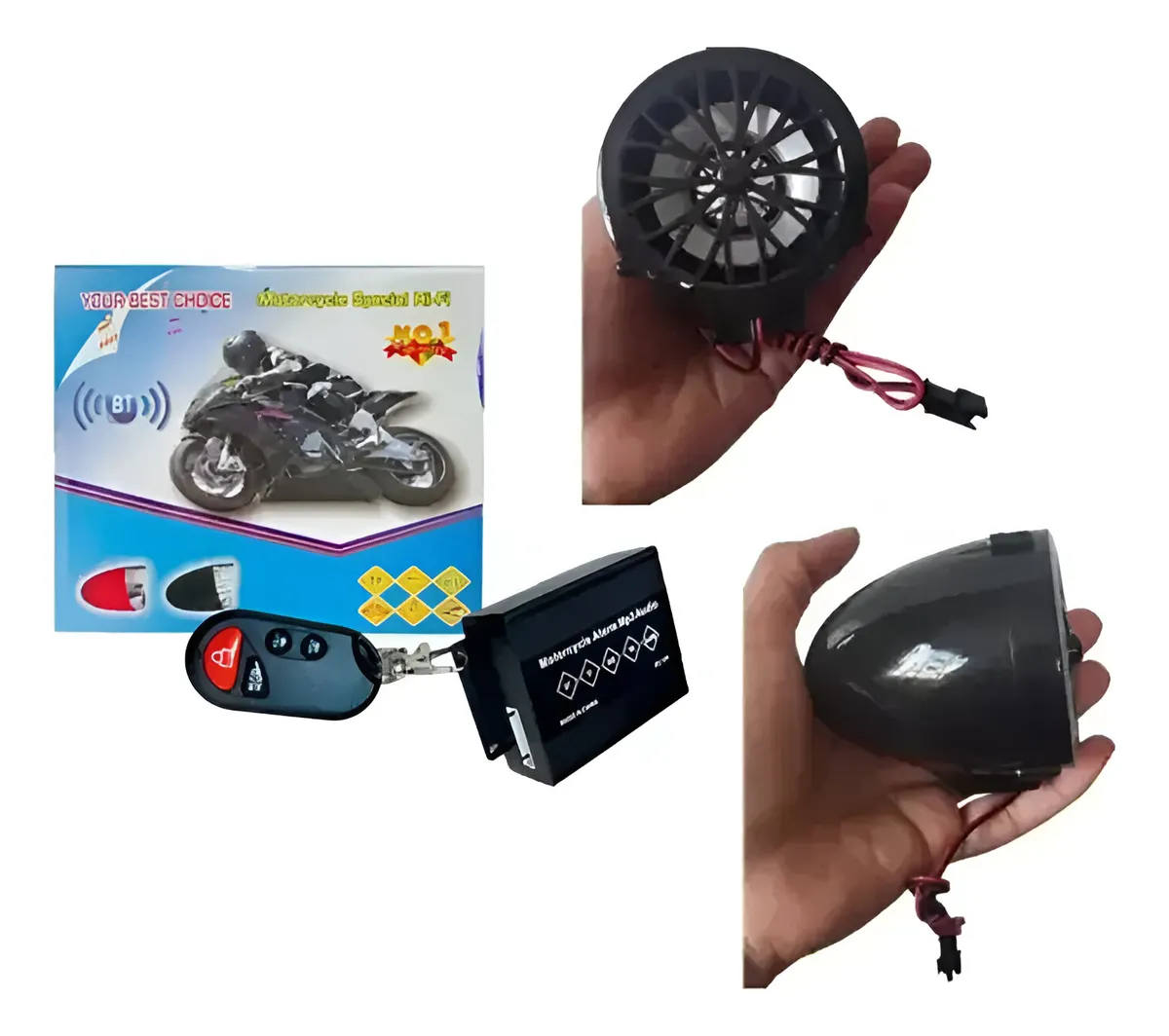 Kit de alarma con radio parlante Bluetooth, control remoto y bocina circular negra; incluye módulo principal y altavoz con cable rojo.