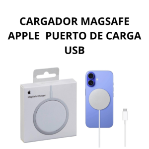 Cargador MagSafe Apple en caja blanca con del accesorio circular plateado, junto a un iPhone azul con el cargador adherido y un cable USB-C blanco a la derecha.