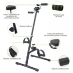Bicicleta de rehabilitación negra con reposabrazos, pedales antideslizantes y soporte para extremidades inferiores, ideal para entrenamiento en casa.