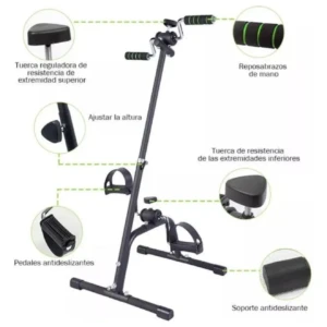 Bicicleta de rehabilitación negra con reposabrazos, pedales antideslizantes y soporte para extremidades inferiores, ideal para entrenamiento en casa.
