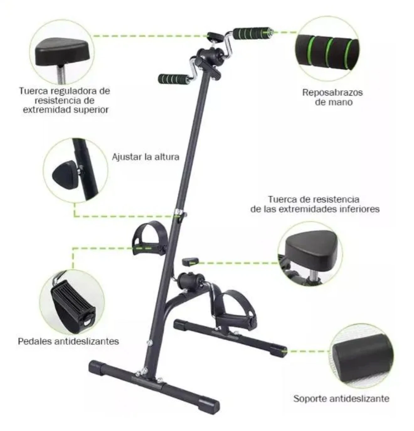 Bicicleta de rehabilitación negra con reposabrazos, pedales antideslizantes y soporte para extremidades inferiores, ideal para entrenamiento en casa.