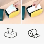 Dispensador de servilletas estilo radio retro en amarillo y verde, con tapa hermética. Muestra uso con paquete de pañuelos y rollo de papel higiénico. Incluye iconos de caja de servilletas y rollo.