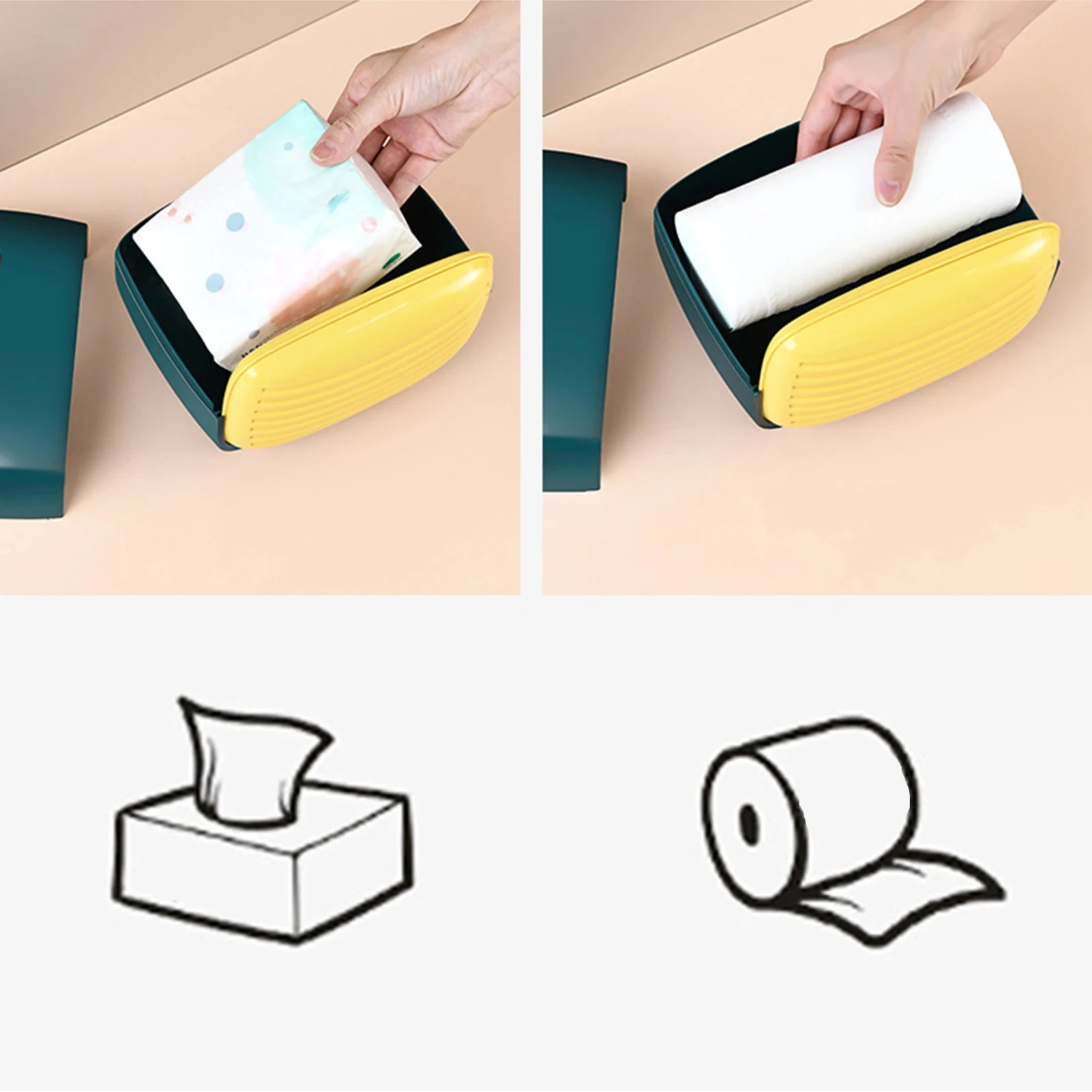 Dispensador de servilletas estilo radio retro en amarillo y verde, con tapa hermética. Muestra uso con paquete de pañuelos y rollo de papel higiénico. Incluye iconos de caja de servilletas y rollo.