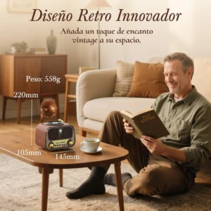 Radio parlante retro vintage color marrón sobre mesa de madera, con medidas 220x145x105 mm, en ambiente acogedor con hombre leyendo.