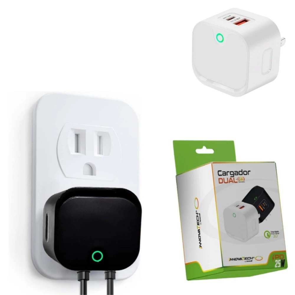 Cabezote cargador de pared blanco con dos puertos USB y luz verde, mostrando vista frontal, lateral y empaque con texto en español.