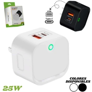 Cabezote cargador de pared blanco con dos puertos USB y luz verde, mostrando variante negra en detalle. Incluye caja y especificación de 25W.