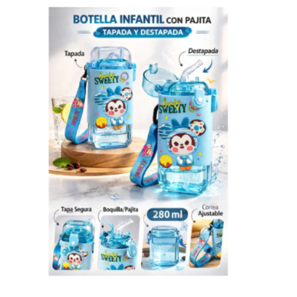 Botella infantil de 280 ml en color azul claro con diseño de personaje Súp, incluye pajita, tapa desmontable y correa ajustable para evitar derrames.