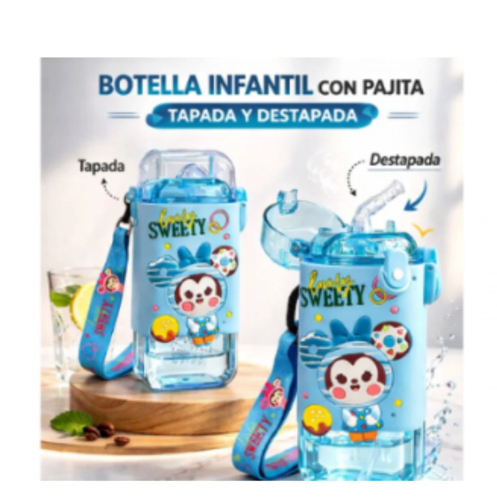 Botella infantil transparente con pajita y correa azul, diseño Súp, tapa desmontable y etiqueta con personaje.
