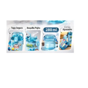 Botella infantil de 280 ml en color azul con diseño de personajes, tapa segura, pajita y correa ajustable para evitar derrames.