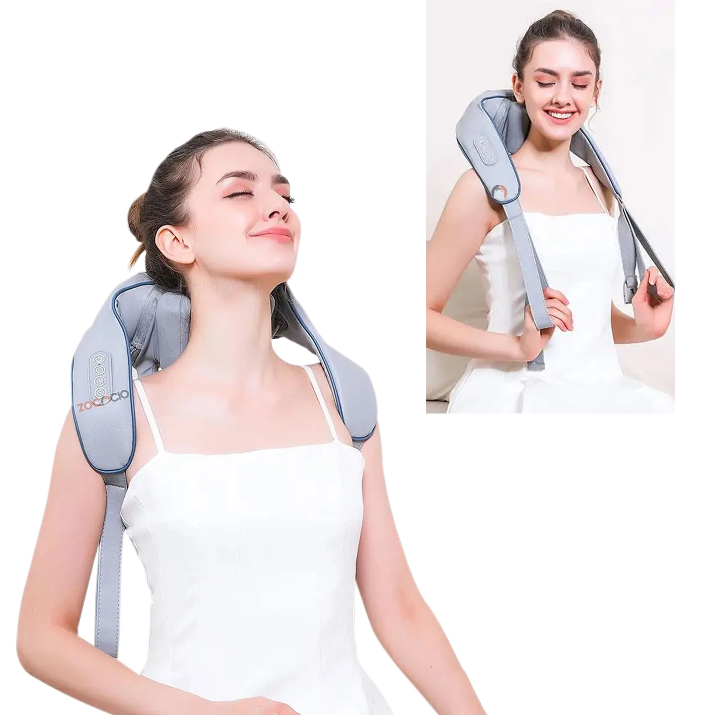 Mujer usando masajeador eléctrico de cuello y espalda en color gris, con calor infrarrojo, para aliviar tensión muscular.