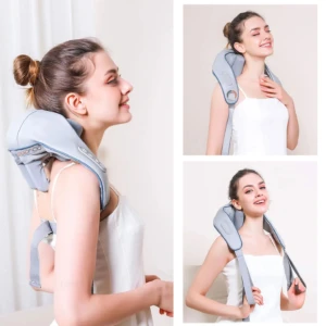 Masajeador eléctrico de cuello y espalda en color gris claro, con diseño ergonómico y correas ajustables. Muestra tres ángulos: perfil lateral, vista frontal con usuario sonriendo y detalle del panel trasero. Ideal para aliviar tensión muscular.