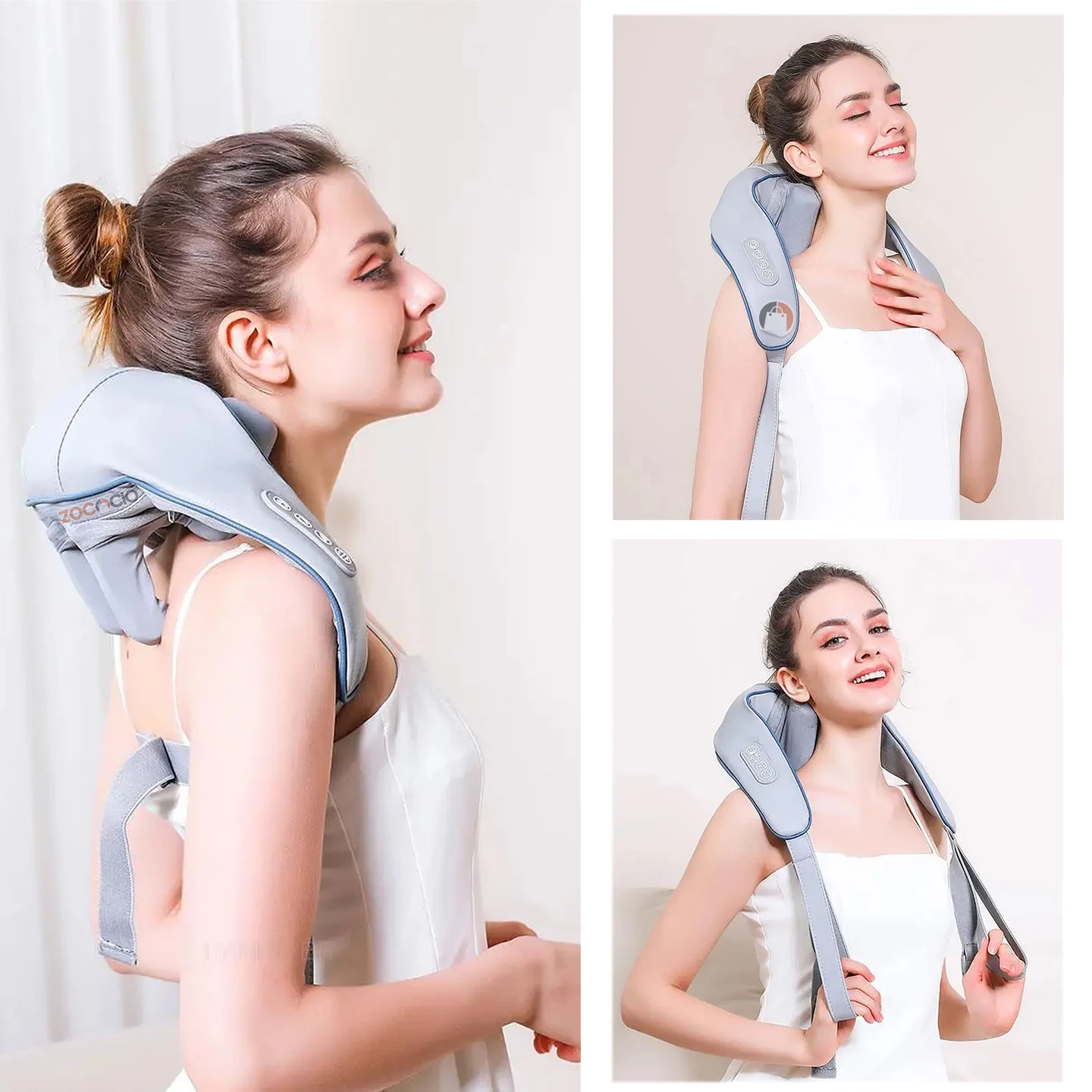Masajeador eléctrico de cuello y espalda en color gris claro, con diseño ergonómico y correas ajustables. Muestra tres ángulos: perfil lateral, vista frontal con usuario sonriendo y detalle del panel trasero. Ideal para aliviar tensión muscular.