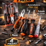 Kit de cuatro herramientas manuales con mango naranja y negro, incluye pinzas, destornilladores plano y cruz, y probador de voltaje transparente con indicador rojo, sobre superficie de madera rústica.