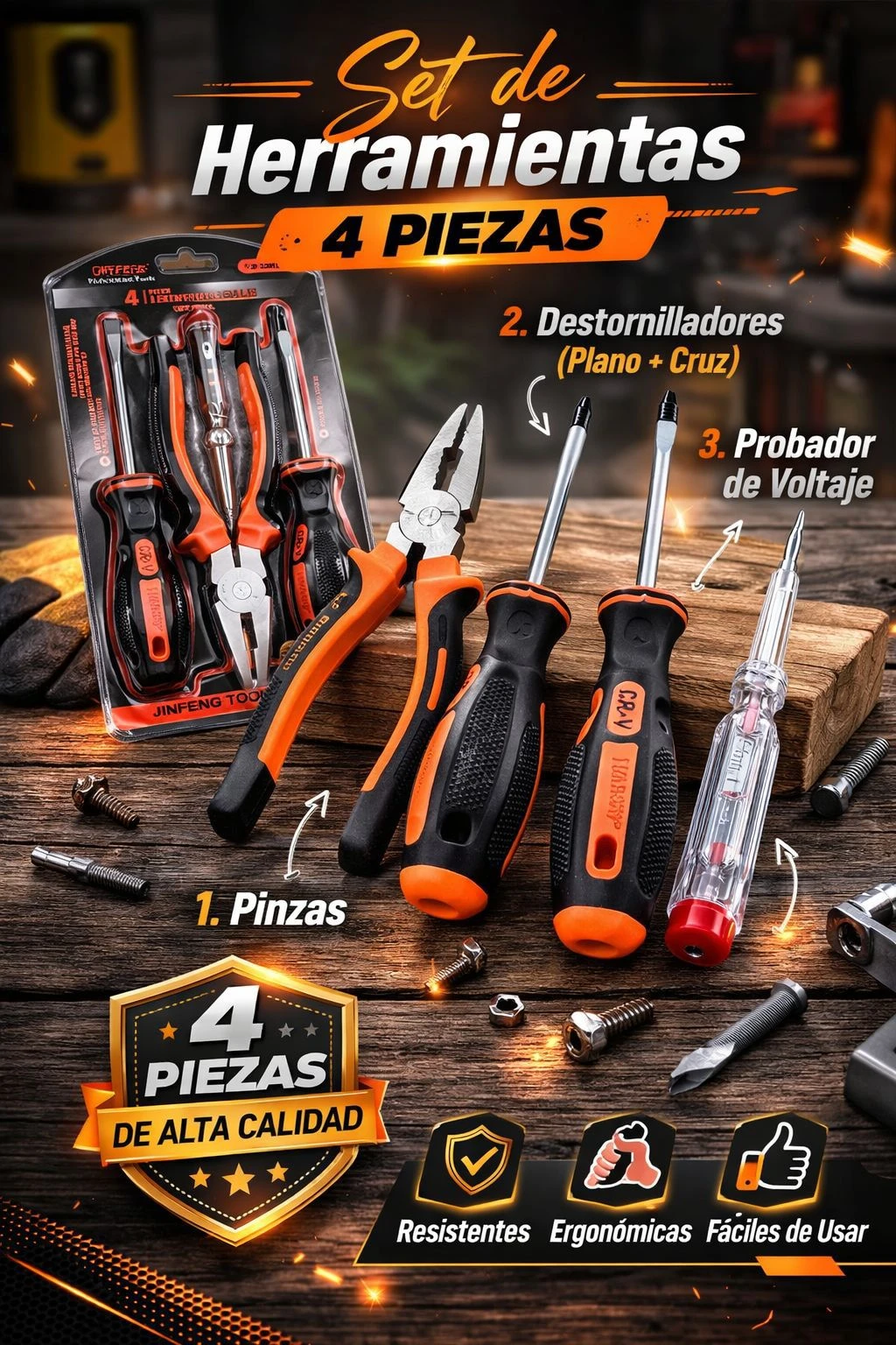 Kit de cuatro herramientas manuales con mango naranja y negro, incluye pinzas, destornilladores plano y cruz, y probador de voltaje transparente con indicador rojo, sobre superficie de madera rústica.