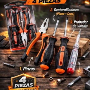 Kit de herramientas manuales con probador de voltaje, incluye pinzas, destornilladores plano y cruz, y detector de corriente. Presentado en blister transparente sobre superficie de madera.