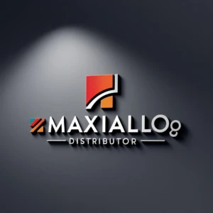Logotipo de Maxiallog Distributor con diseño geométrico en tonos naranjas y blancos sobre fondo oscuro.