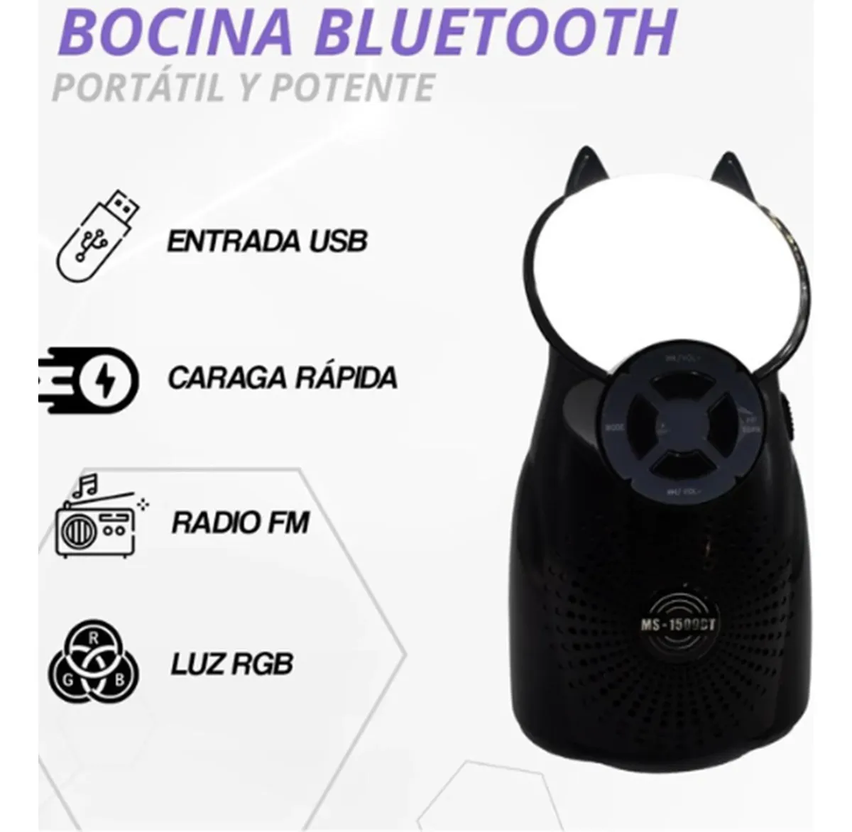 Parlante inalámbrico negro con forma de gato, luces RGB, entrada USB, carga rápida y radio FM.