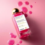 Botella de aceite corporal Truly Birthday Sex con líquido rosa brillante, etiqueta blanca con texto negro y tapa dorada, rodeada de gotas del mismo color sobre fondo rosa pálido.