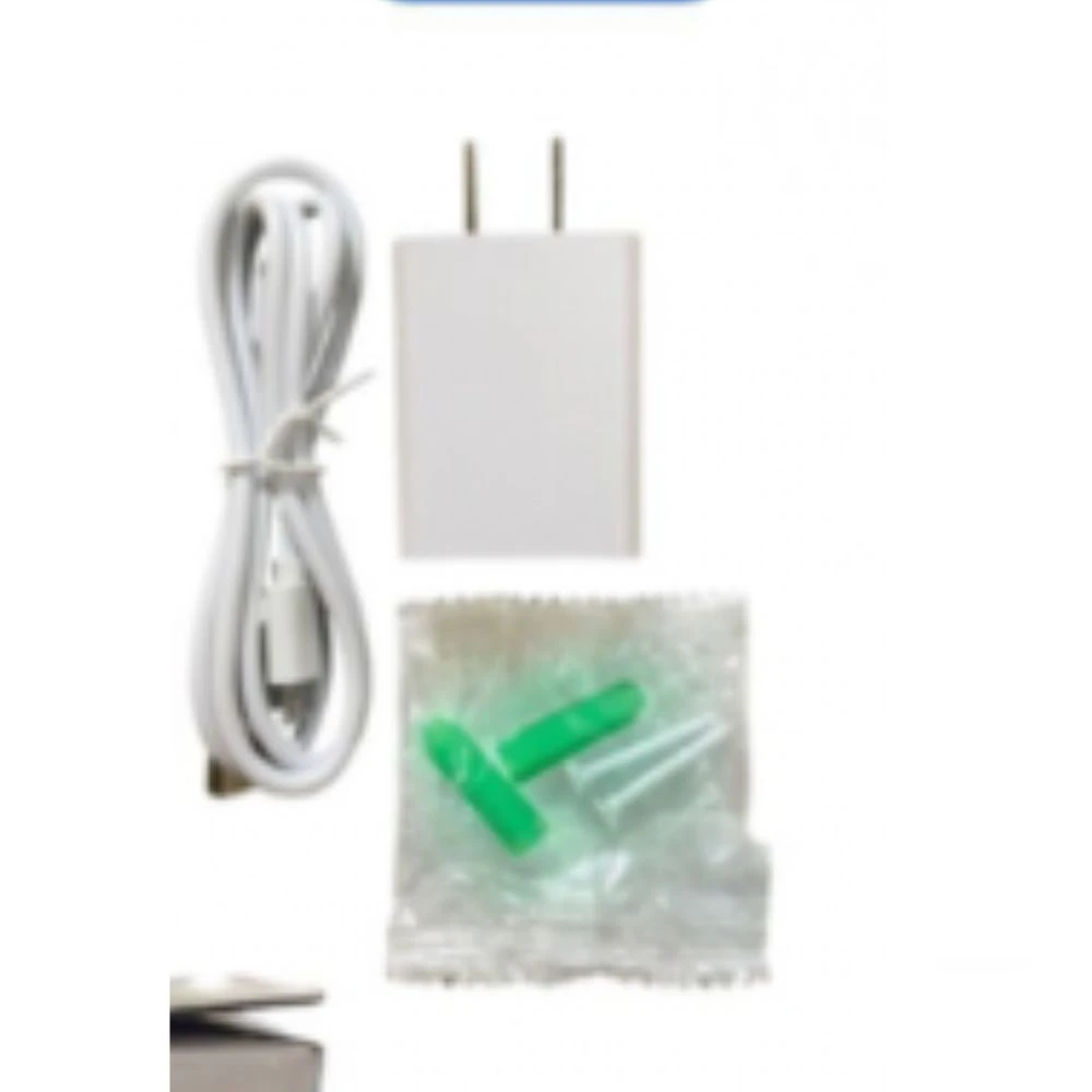 Kit de accesorios para cámara WiFi: cargador blanco, cable USB enrollado y bolsa con tapones verdes.
