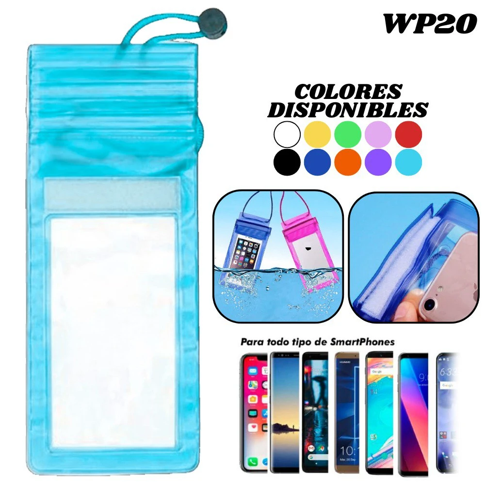 Protector de agua WP20 en color azul claro, con ventana transparente para pantalla táctil. Incluye variantes en otros colores y muestra uso con celulares bajo el agua. Compatible con todos los modelos de smartphones.