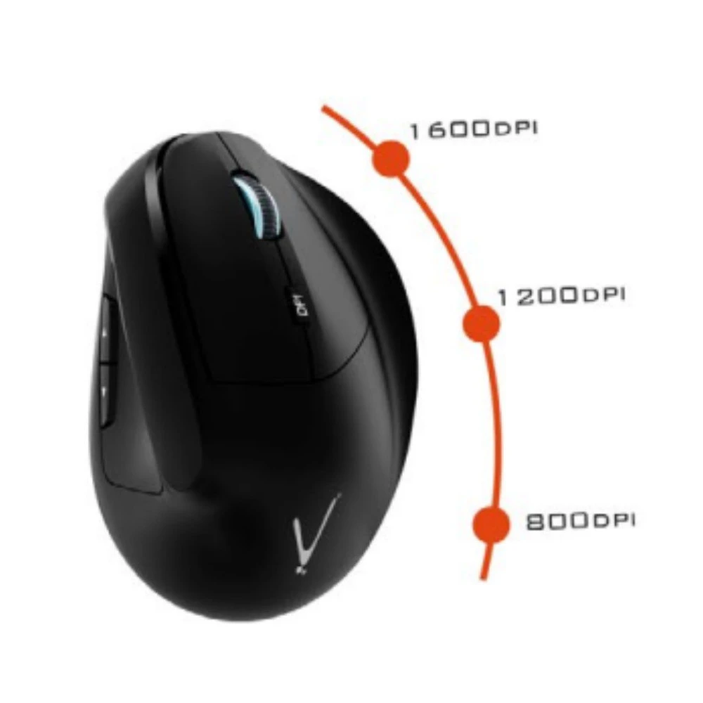 Mouse inalámbrico vertical ergonómico negro con diseño curvo, sensor óptico y ajuste de DPI visible en escala de 800 a 1600.