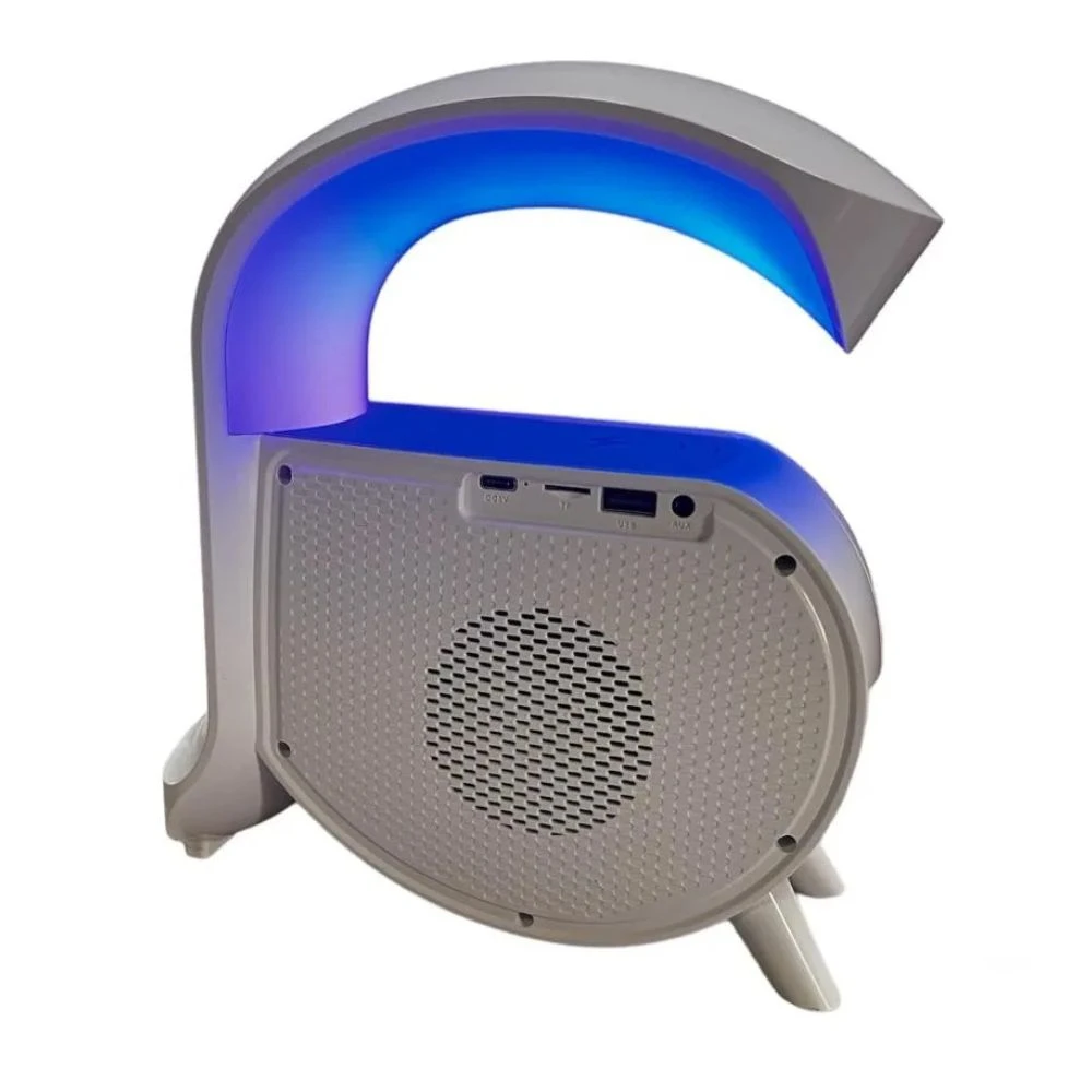 Parlante Bluetooth A16 en color blanco con luz LED azul, diseño curvo y rejilla de malla frontal.