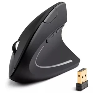 Mouse vertical inalámbrico ergonómico color negro con receptor USB, diseñado para reducir el dolor de muñeca.