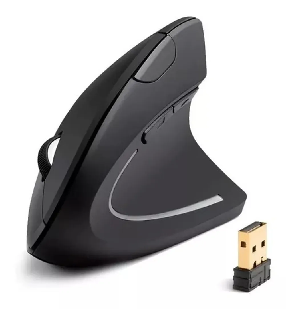 Mouse vertical inalámbrico ergonómico color negro con receptor USB, diseñado para reducir el dolor de muñeca.