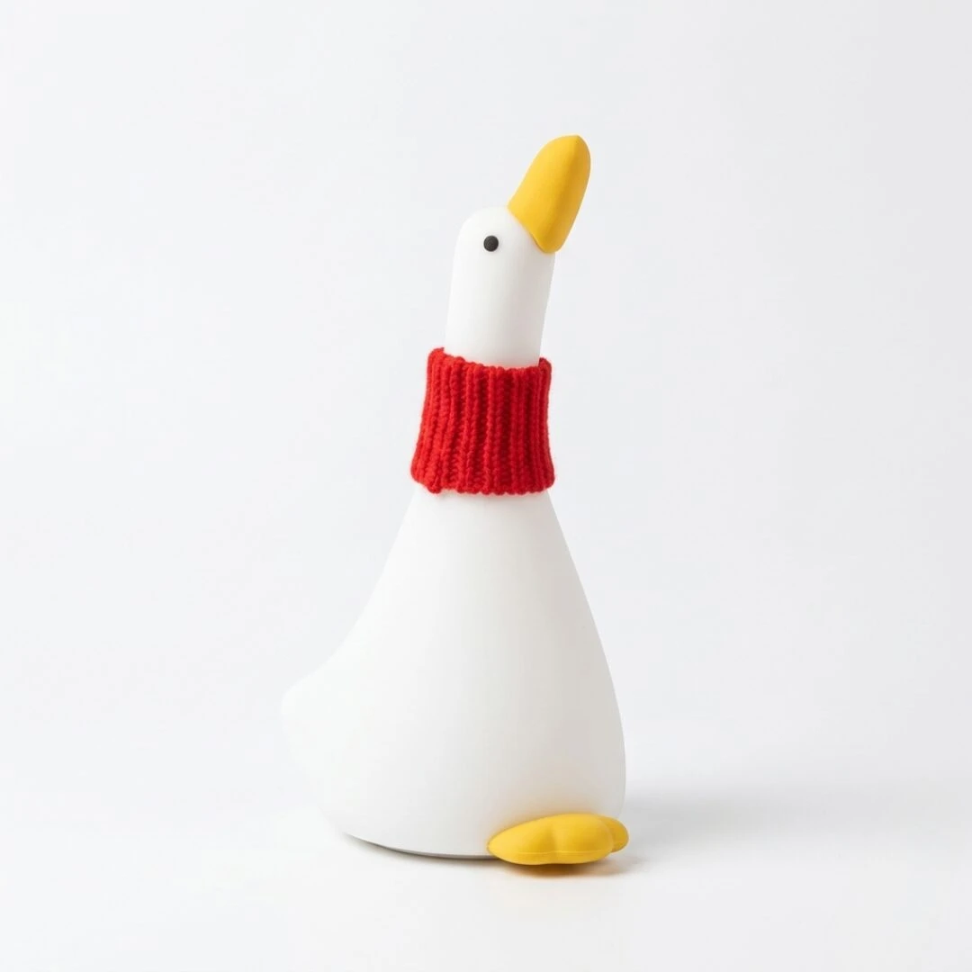Lámpara de noche DuckyGlow en silicona blanca con pico y patas amarillos, cuello rojo y luz cálida ajustable.