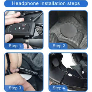 Guía de instalación del intercomunicador Ejeas V6 Pro, mostrando conexión USB, colocación de micrófono en asiento y ajuste de auriculares en cuatro pasos.