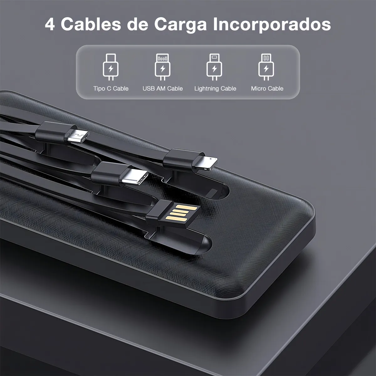 Cargador portátil negro con textura mate, mostrando cuatro cables integrados: USB-C, USB-A, Lightning y Micro USB, dispuestos sobre su superficie superior.