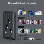 Cargador portátil negro con cuatro conectores USB-A visibles, mostrando compatibilidad con Apple, Samsung, Huawei y dispositivos electrónicos como Switch, cámara, proyector y altavoz.