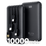 Cargador portátil negro de 10000mAh con cuatro cables USB incluidos, mostrando frontal y lateral con indicador digital y logotipo OPA.