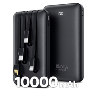 Cargador portátil negro de 10000mAh con cuatro cables USB incluidos, mostrando frontal y lateral con indicador digital y logotipo OPA.
