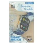 Reloj inteligente KR Ultra 49 mm en aluminio, pantalla de 2.1 pulgadas, resistente al agua IPX7, mostrando interfaz de salud mientras se usa bajo el agua.