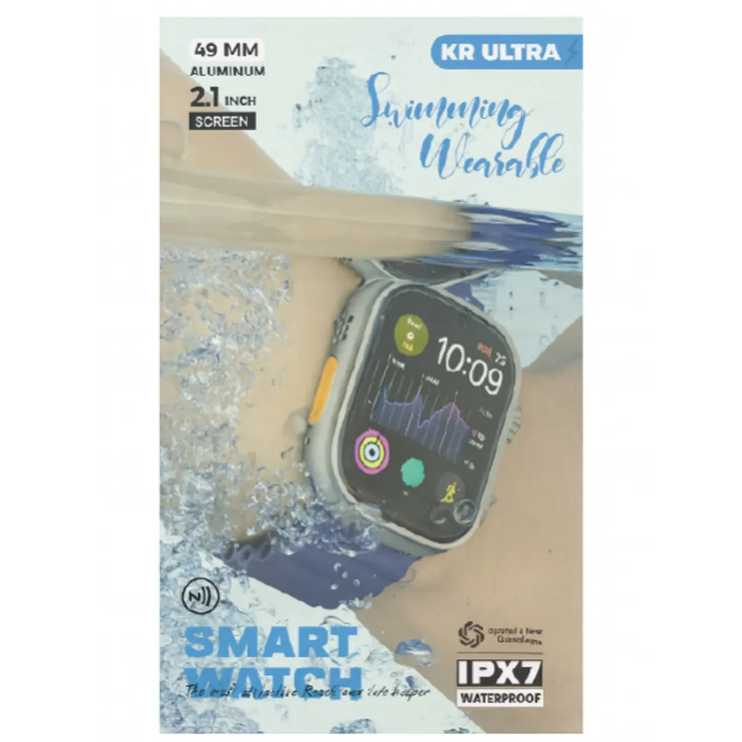 Reloj inteligente KR Ultra 49 mm en aluminio, pantalla de 2.1 pulgadas, resistente al agua IPX7, mostrando interfaz de salud mientras se usa bajo el agua.